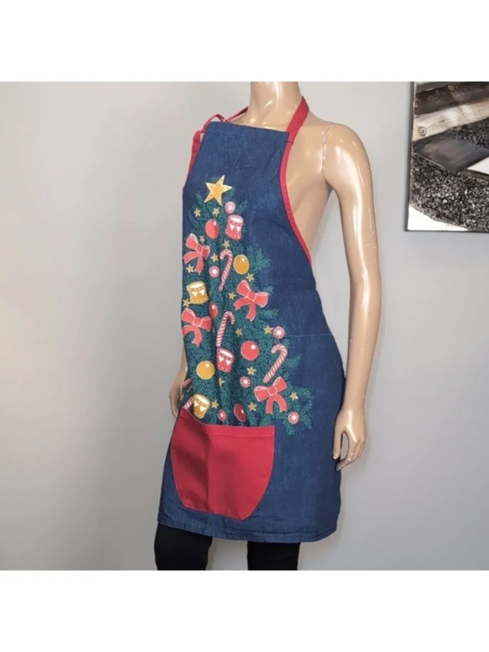 Hatley Festive Denim Apron Christmas Tree Pocket Kitchen Cooking Baking Blue